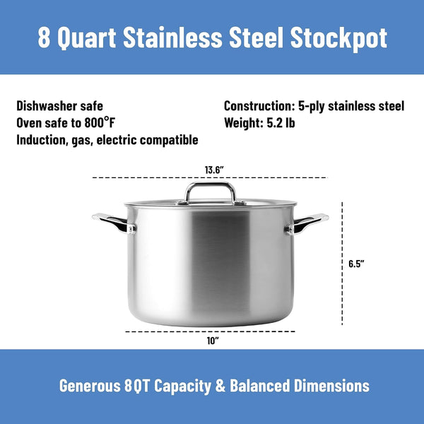 5-Ply Stainless Steel Stockpot – Large Cooking Pot for Boiling, Simmering & Stewing - Consistent, Even Heating - Durable, Dishwasher Safe – Oven-Safe to 800F, Induction Ready - 8 QT8