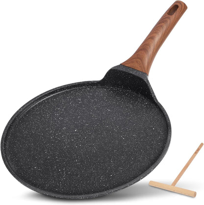9.5 Inch Crepe Pan with Spreader, Nonstick Granite Coating Dosa Pan, Roti Tawa Comal Para Tortillas Pancake Griddle Pan, Induction Compatible, PTFE & PFOA Free, Black1