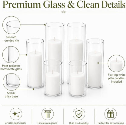 Set of 6 White Pillar Candles with Clear Glass Hurricane Holders- Elegant Cylinder Candle Vases for Weddings, Parties, Centerpieces, Home & Office Decor (White, 6 Set)3