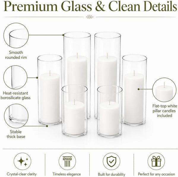 Set of 6 White Pillar Candles with Clear Glass Hurricane Holders- Elegant Cylinder Candle Vases for Weddings, Parties, Centerpieces, Home & Office Decor (White, 6 Set)3