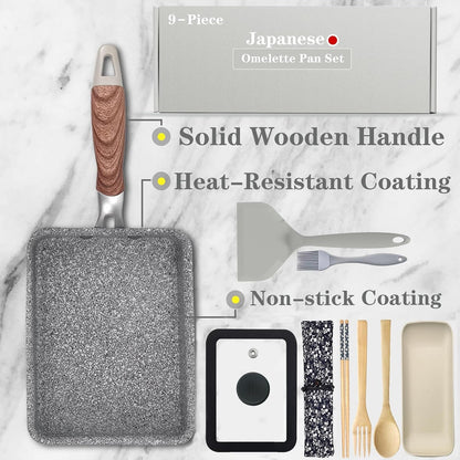 9Pcs Tamagoyaki Pan Set, Japanese Omelette Pan Nonstick with Lid, Square Japanese Egg Skillet Rectangle 7"X5" Grey2
