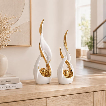 2 PCS White Gold Ceramic Statues for Home Decor Accents, Modern Abstract Art Sculptures, Elegant Tabletop Decorative Objects for Dining Room, Entryway, Tv Stand, Mantel, Coffee Table Centerpieces7