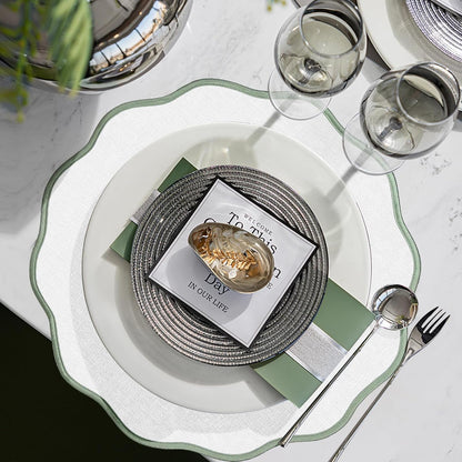Set of 6 Scallop Linen Placemats, 15 Inch Light Green and White round Placemats Cotton Linen Table Mats Handcrafted Machine Washable Wrinkle Free Dining Placemat for Hotel Restaurant Kitchen3