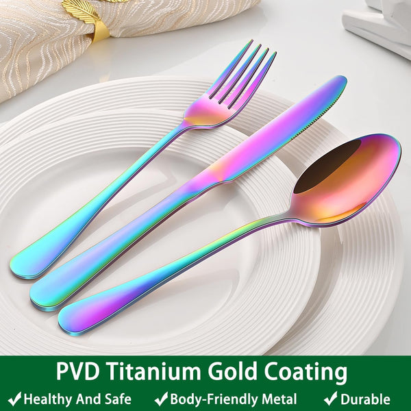 Colorful Rainbow 30 Pieces Silverware Sets Service for 6,Colored Flatware Sets Contains Knife and Fork Spoons Eating Utensils Sets for Kitchen Tableware5