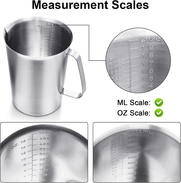 3 Pack Stainless Steel Measuring Cups, 16/32/64 Oz Metal Pitchers3