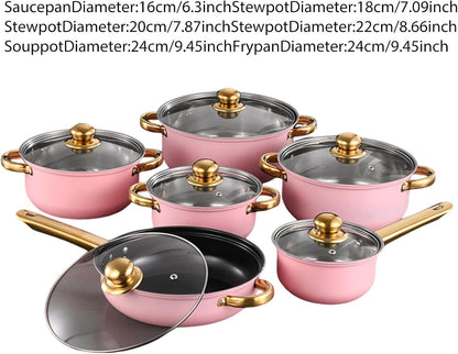 6 Pieces Pots and Pans Nonstick Cookware Set Stainless Steel Milk Saucepan Frying Pan Kitchen Utensils Glass Lids Wear Resistant Comfortable Handles S, Pink2