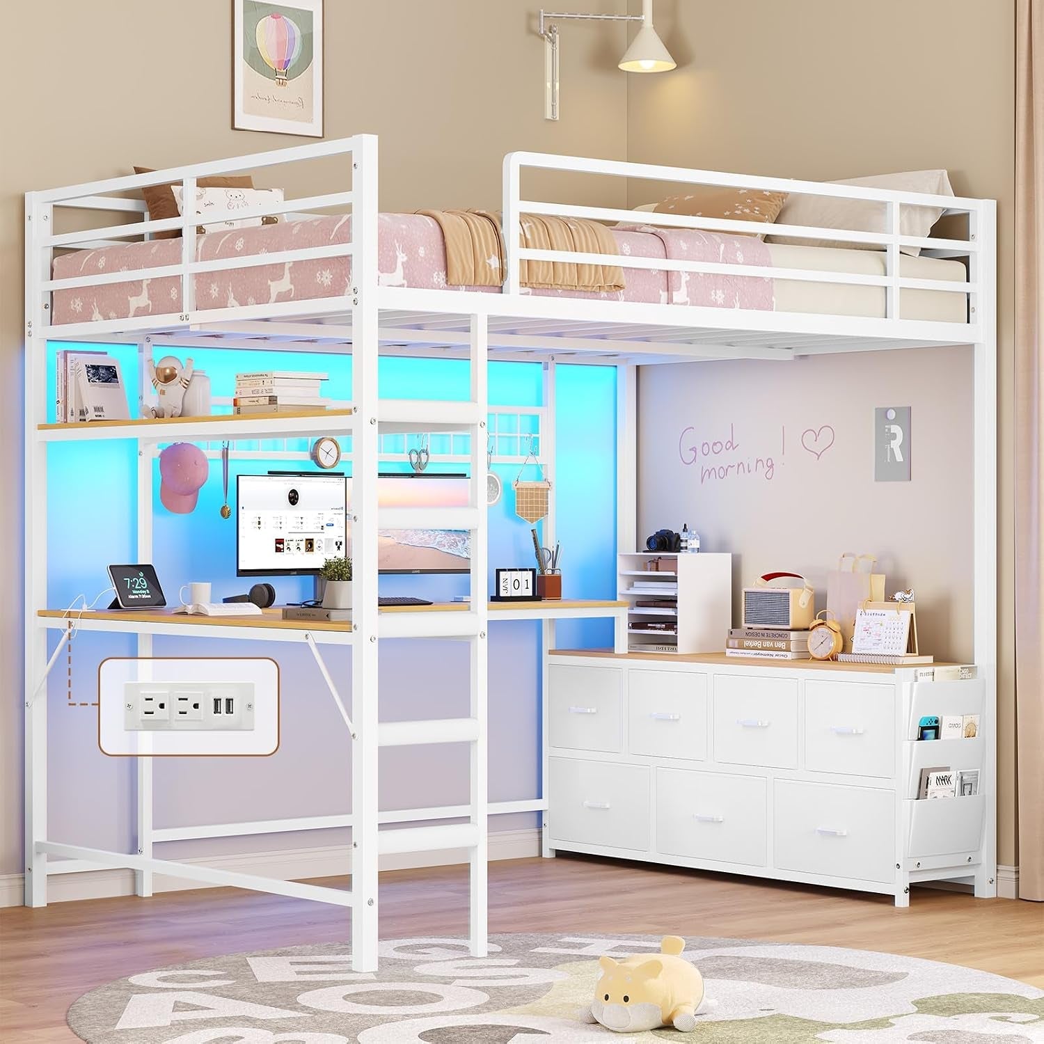 loft-bed-full-size-with-u-shaped-desk-7-storage-drawers-and-charging-station-metal-full-loft-bed-with-led-lights-and-2-tier-storage-shelves-loft-full-bed-with-safety-guardrail-and-ladders-white