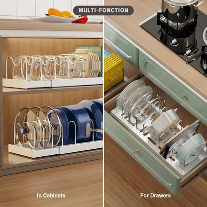 2 Pack Expandable Food Storage Container Lid Organizers, 22" Pots and Pans Organizer under Cabinet with 9 Adjustable Dividers Pot and Pan Lid Holders Rack inside Cabinet(White)4