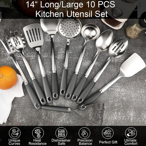10 Piece Stainless Steel Cooking Utensils Set - 18/0 Heavy Duty Kitchen Tools for Grilling & Serving (Grey)5