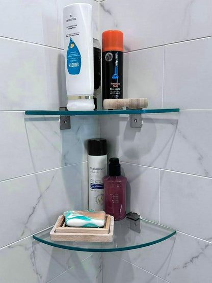 Glass Corner Shower Shelf 2 Pack, 9.5" Tempered Glass Shower Caddy, No-Drill Adhesive or Screw Mount, 22 LB Heavy Duty Bathroom Organizer with Rustproof Aluminum Brackets, Renter Friendly8