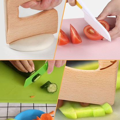 8 Pcs Wooden Kitchen Knife Set for Kids - Includes Safe Knives, Serrated Plastic Knives, Potato Slicers, Sandwich Cutter, Peeler and Cutting Board5