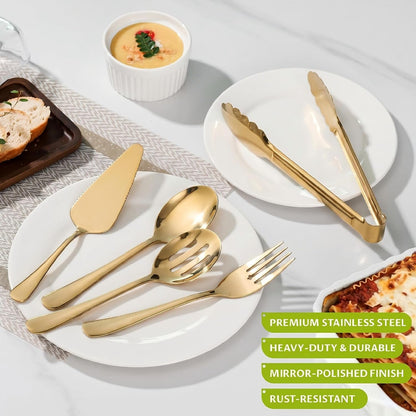 11PCS Stainless Steel Gold Serving Utensils, 8.7''Serving Spoons,8.7''Slotted Spoons, Serving Fork, 9'' Serving Tongs,Cake Server,Hostess Serving Set for Chafing Dish Buffet Catering Parties4