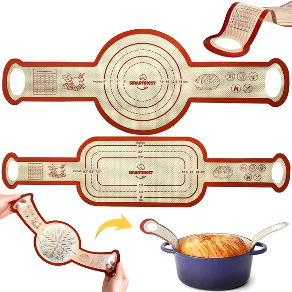 Sourdough Silicone Bread Sling for Dutch Oven, 2PCS Non-Stick Reusable Baking Mat with Long Handles, Essentials Bread Making Supplies for Dough Transfer and Loaf Pan Lifter Liner, Set of Oval & Round1
