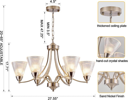 6-Light Brushed Nickel Dining Room Light Fixture，Dimmable Modern Farmhouse Chandelier，Height Adjustable Hanging Light, Clear Glass Shades, Vintage Silver Chandelier for Kitchen Island,Entryway9