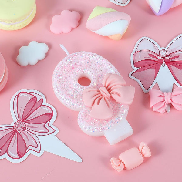 Pink Birthday Candle Bow Number 9 Candle Cake Topper Cupcake Decor 9Th Birthday Party Decorations Anniversary Celebrations Supplies Favors2