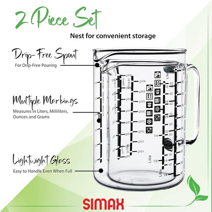 Glass Measuring Cup, Durable Borosilicate Glass, Pack of 2 Includes 32 Oz and 16 Oz Easy to Read Metric Measurements in Liter, Milliliter, Ounce, Sugar Grams, Drip Free Spout, Microwave Safe2