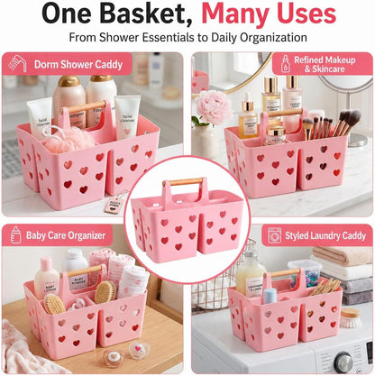 Pink Portable Shower Caddy, Plastic Basket Organizer with Wooden Handle7