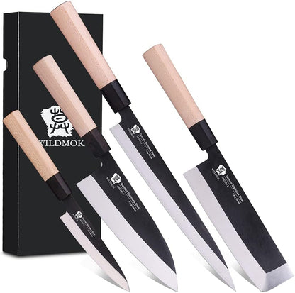 Set of 4 GYUTO Sushi Chef Knives-Yanagiba-Deba-Nakiri-Utility Kitchen Knife, Fish Slicing Filleting Knife Sets with German Steel Blade & Traditional Wooden Handle1