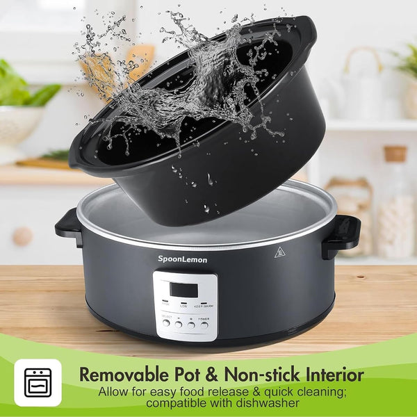 7QT 280W Electric Slow Cooker, Digital 20H Timer & 3-Level Heat Settings, Oval Ceramic Inner Pot, Black, for Family Dinners7