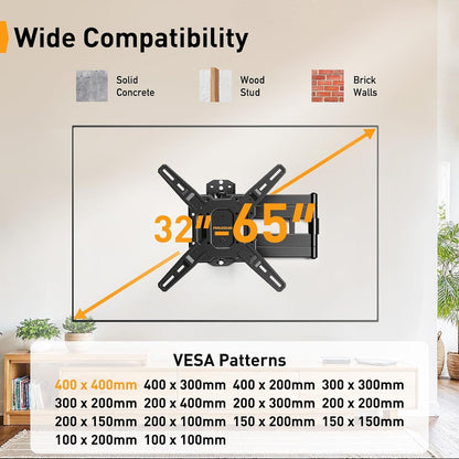 Long Arm TV Wall Mount for 32-65″ Tvs, 37.4” Long Extension | Max VESA 400X400Mm, Corner TV Mount with Articulating Arms, Full Motion Wall Bracket with Swivel and Tilt, Holds to 110 Lbs2