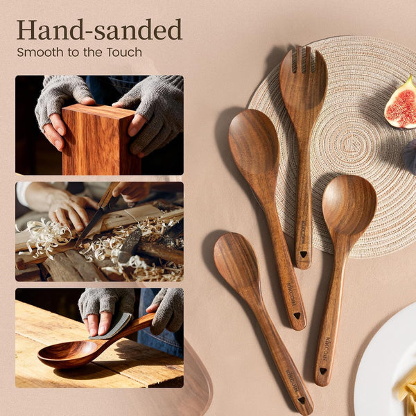 10 PCS Durable Natural Teak Wooden Cooking Utensil Set, Non Toxic Wooden Spoons for Cooking, Wooden Utensil Set for Cooking with Comfort Grip, Nonstick & Easy to Clean Wood Kitchen Utensil Set7