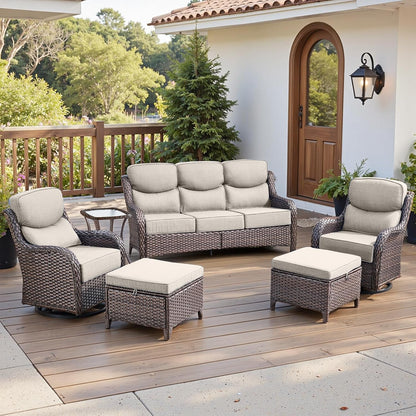 Luxury 6" Thick Cushioned 6 Pieces Patio Furniture Set with Outdoor Couch, Wicker Outdoor Conversation Set with High Back Swivel Rocker Chairs for Deck Porch Yard and Poolside - Brown+Beige1