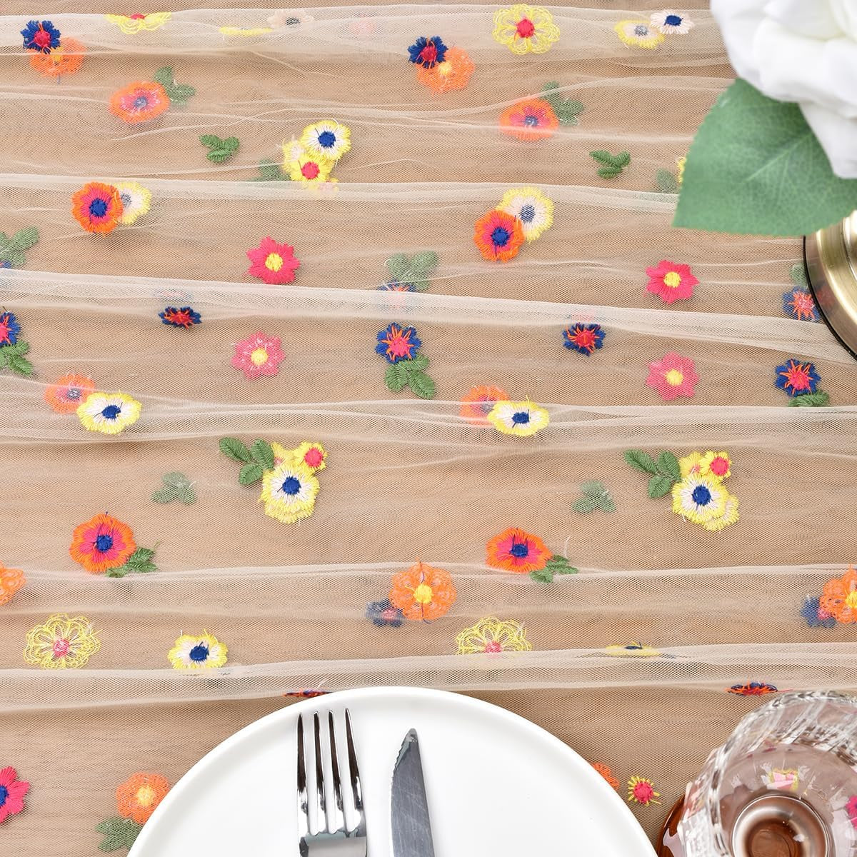 flower-table-runner-floral-daisy-fall-wedding-birthday-party-home-decor-champagne-10ft-embroidery-wildflower-tulle-seasonal-tea-party-bridal-shower-holiday-picnic-home-table-decorations