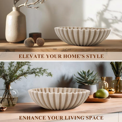 Large Decorative Bowl, Modern Handicraft Bowls for Home Decor, Fruit Bowl for Kitchen Counter, Ruffle Decor, Stylish Key Bowl for Entry Table, Artificial Stone Beige7