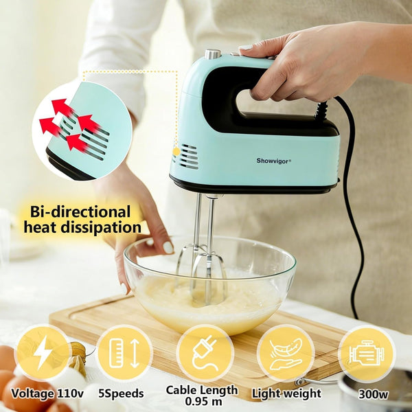Electric Hand Mixer - Adjustable Speed 300W Handheld Mixer Electric Whisk with 5 Stainless Steel Accessories, Turbo Boost/Self-Control Speed + Eject Button Food Beater for Cakes Eggs5