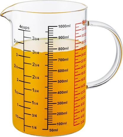 Glass Measuring Cup-[Insulated Handle | V-Shaped Spout]-Made of High Borosilicate Glass Measuring Cup for Kitchen or Restaurant, Easy to Read, 1000 ML (32 Oz, 4 Cup)1