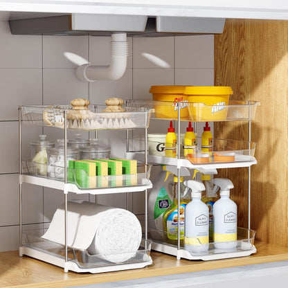 2 Sets of 3-Tier Bathroom under Sink Organizers and Storage, Multi-Purpose Stackable Pantry Organization and Storage, Pull Out Clear Kitchen Bathroom Cabinet Organizer with Movable Dividers8