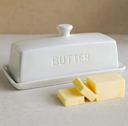 Butter Dish with Lid, Butter Dish with Lid for Countertop,7.6" X 3.3" Butter Tray,Butter Holder for 1 Stick.Textured Tray Butter Keeper for Non Slip Storage,Ceramic - White1
