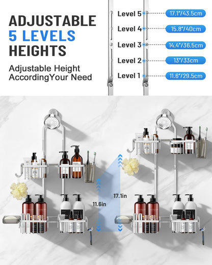 Adjustable Shower Caddy Hanging for Handheld Showerheads - Never Rust Shower Hanging Organizer, Upgraded Bathroom Shower Rack with Soap Basket, Hooks and Toothbrush Holder (Silver)4