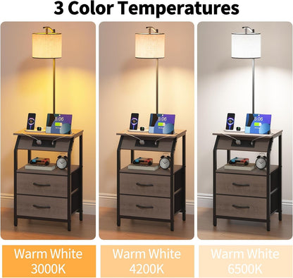 End Table with Floor Lamp, Nightstand with Charging Station, Floor Lamp Table with 3-Color Temperature Bulb, Bedside Table Night Stand with 2 Drawers for Bedroom, Living Room, Greige6