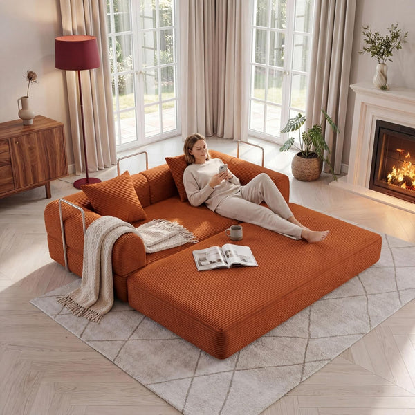 Futon Sofa Bed Modular Loveseat Sleeper Folding Pull Out Couch with Pillows, No Assembly Required Boneless Couch for Living Room Bedroom Guest Room (Orange, 59.06" Loveseat Sofa)3