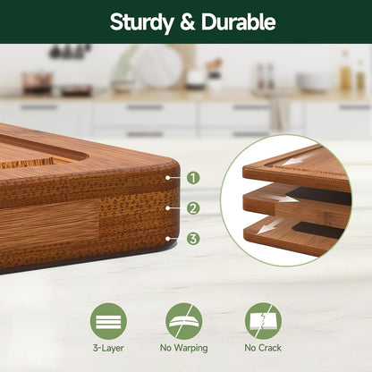 3-Piece Set Deep-Carbonized Bamboo Cutting Board for Kitchen, Carbonized | Crack-Resistant Wood Chopping Boards with Deep Juice Grooves, Pre-Oiled Butcher Block for Meat, Vegetables & Cheese3