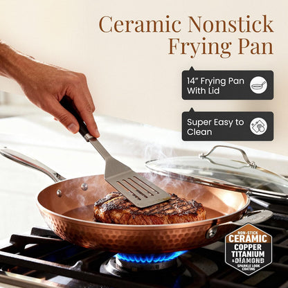 Hammered Copper 14 Inch Non Stick Frying Pan with Lid, Nonstick Frying Pan with Ceramic Coating and Induction Plate for Even Heating, Oven / Dishwasher Safe, 100% Healthy & Non Toxic | Extra Large Skillet, Induction Compatible, PFOA/PFOS/PTFE Free Ceramic Coating, Stay-Cool Handle, Oven & Dishwasher Safe8