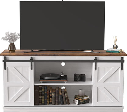 TV Stand for 65 Inch TV, Sliding Barn Doors, Bright White | Farmhouse Entertainment Center, Storage Cabinets, Adjustable Shelves, Media Console for Living Room, Bedroom1