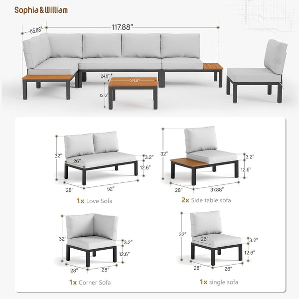 6-Seat Metal Patio Sofa Sectional Set with Gray Cushions2