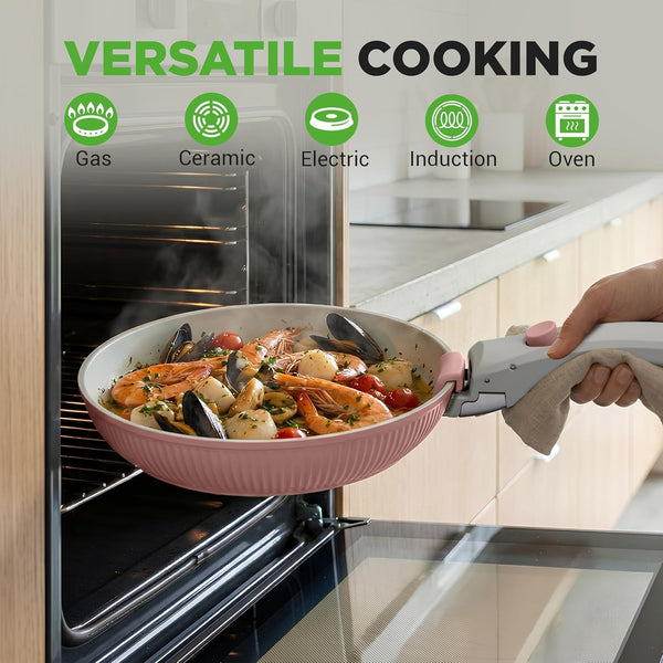 18-Piece Ceramic Cookware Set with Detachable Handles, Non Stick Pots and Pans, Ptfe-Free Natural Ceramic Coating, Space-Saving Design, Oven & Stove Safe, Includes Utensils, Pink4