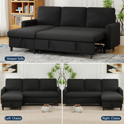 70'' Sleeper Sofa Bed with Storage, Convertible Pull Out Couch Futon for Living Room, Apartment, Corduroy Fabric L Shaped Sectional Sofa Pull-Out Bed, Black6