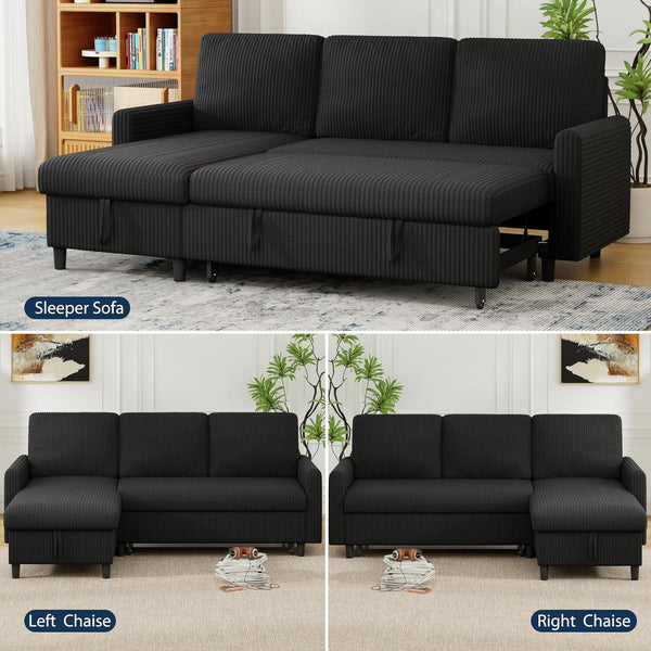 70'' Sleeper Sofa Bed with Storage, Convertible Pull Out Couch Futon for Living Room, Apartment, Corduroy Fabric L Shaped Sectional Sofa Pull-Out Bed, Black6