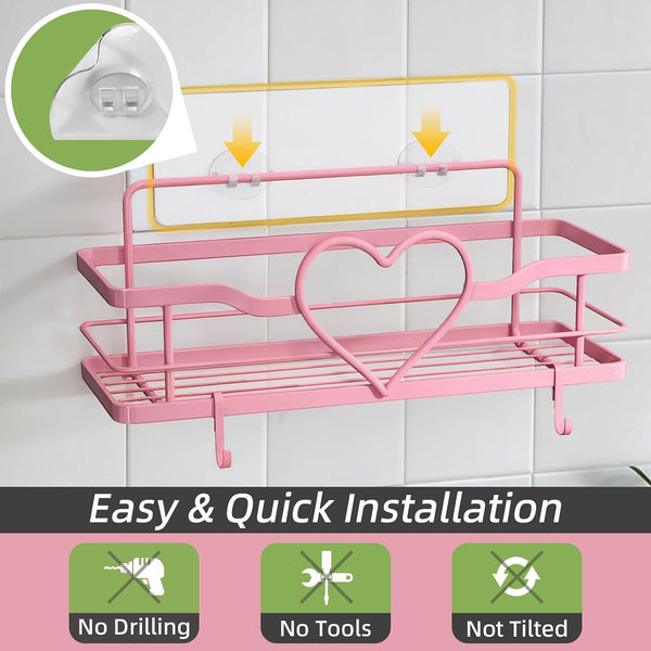 Pink Shower Caddy with 4 Removable Hooks, 2 Pack Sweet Heart Shower Shelves,No Drilling Adhesive Organizer Shelf for Bathroom Shower,Kitchen,Bedroom5