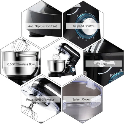 Stand Mixer,6.5-Qt 660W 6-Speed Tilt-Head Food Mixer, Kitchen Electric Mixer with Dough Hook, Wire Whip & Beater (Black, 6.5QT)3