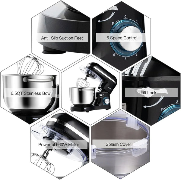 Stand Mixer,6.5-Qt 660W 6-Speed Tilt-Head Food Mixer, Kitchen Electric Mixer with Dough Hook, Wire Whip & Beater (Black, 6.5QT)3