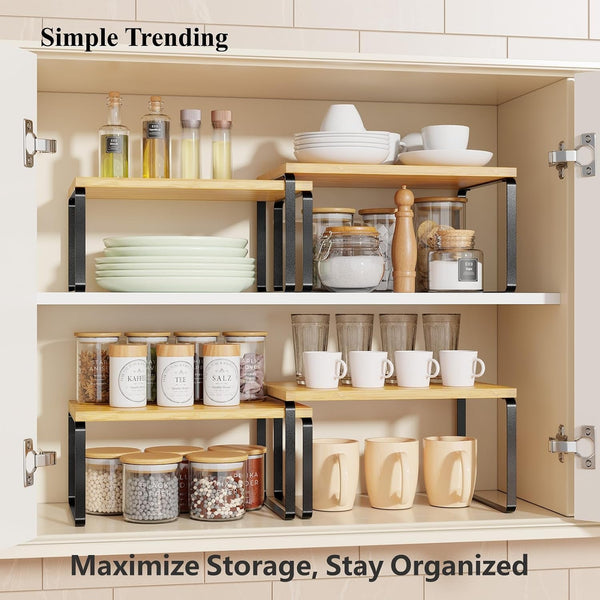 Bamboo Cabinet Organizer Shelf, Set of 2 Kitchen Counter Shelves, Stackable Expandable Spice Rack Kitchen Storage, Black and Natural Beige4