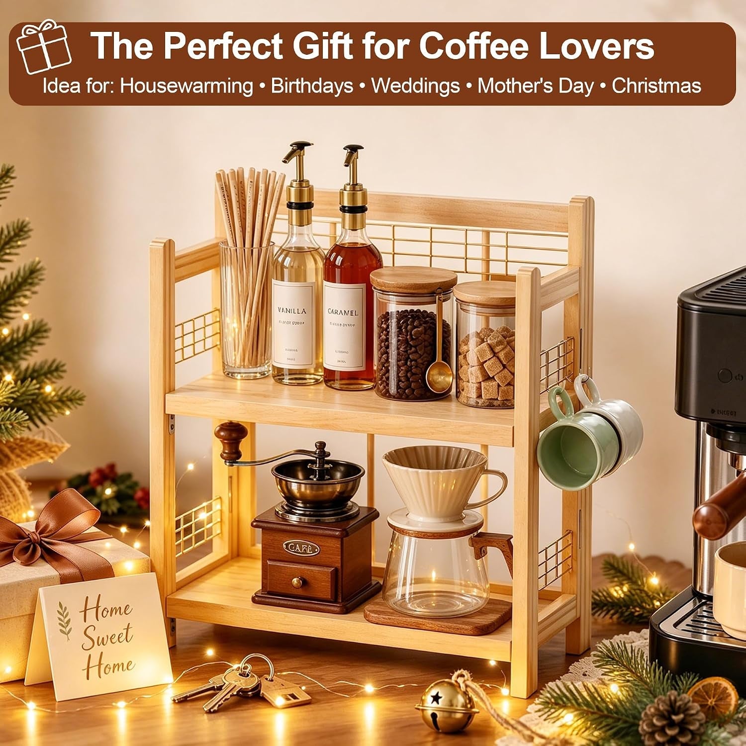 no-assembly-coffee-bar-organizer-2-tier-coffee-station-shelf-foldable-oak-wood-shelf-coffee-station-accessories-storage-for-syrup-pod-3-hooks-for-mugs-kitchen-condiment-rack-natural