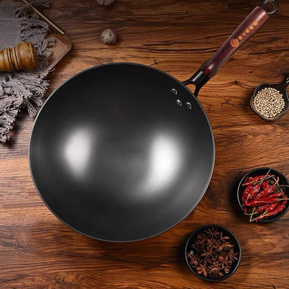 Cast Iron Wok Pan 12.6 Inch with Wooden Handle, Chinese round Bottom Cooking Wok Small Size Coating Free5