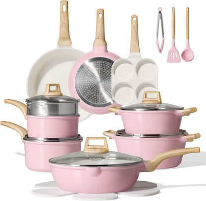 21Pcs Ceramic Cookware Set, Pots and Pans Set, Pink | Non-Toxic, Healthy Kitchen Set, All-Stovetop Compatible, Easy Clean, Even Heating, PFAS FREE1