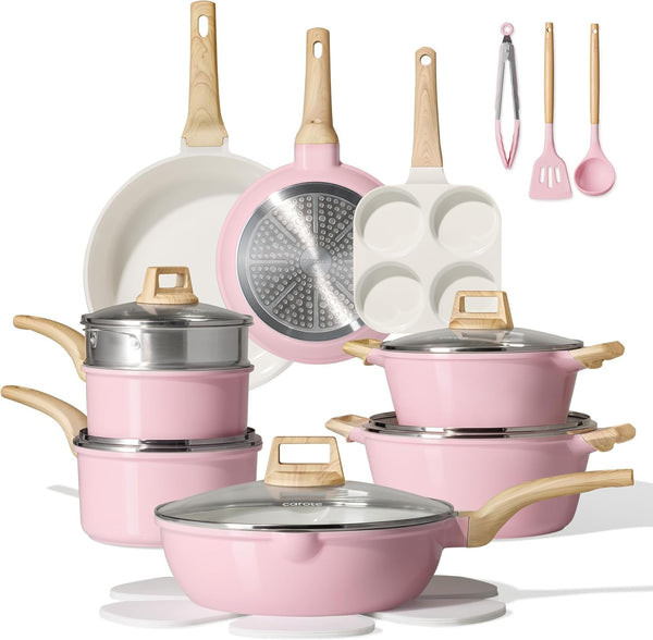 21Pcs Ceramic Cookware Set, Pots and Pans Set, Pink | Non-Toxic, Healthy Kitchen Set, All-Stovetop Compatible, Easy Clean, Even Heating, PFAS FREE1